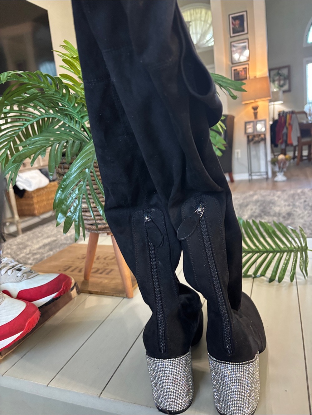 Black Rhinestone Block Heel Over-the-Knee Boots